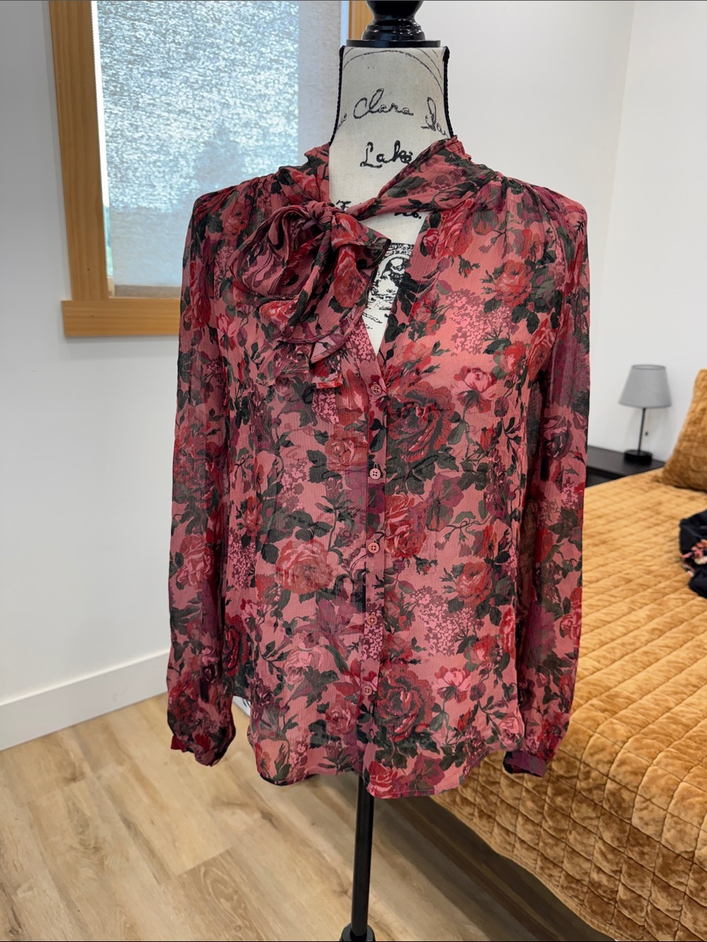 PAIGE Rose-Print Tie-Neck Blouse in Burgundy and Black